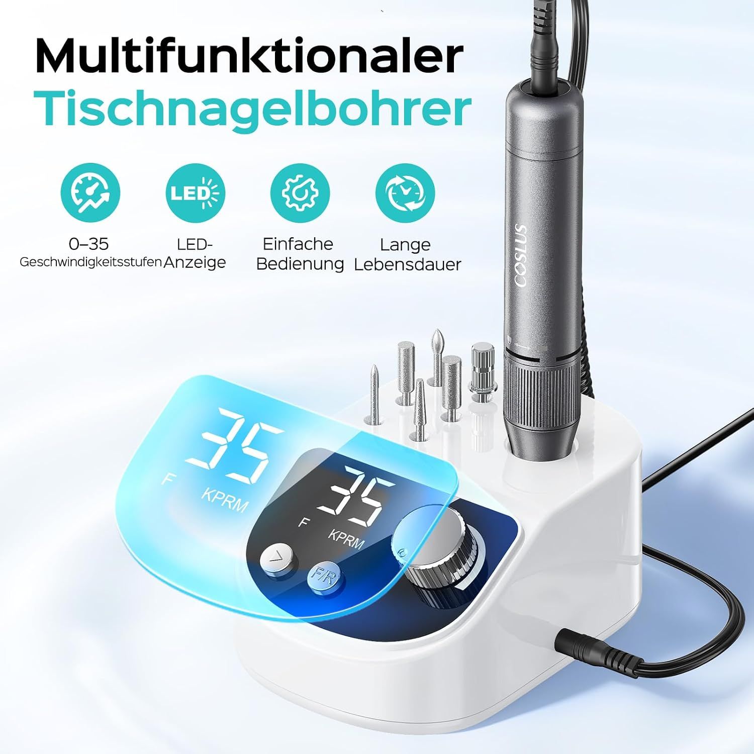 Multifunktionaler Nageltischbohrer mit LED-Anzeige, 0-35 Geschwindigkeitsstufen, einfache Bedienung.