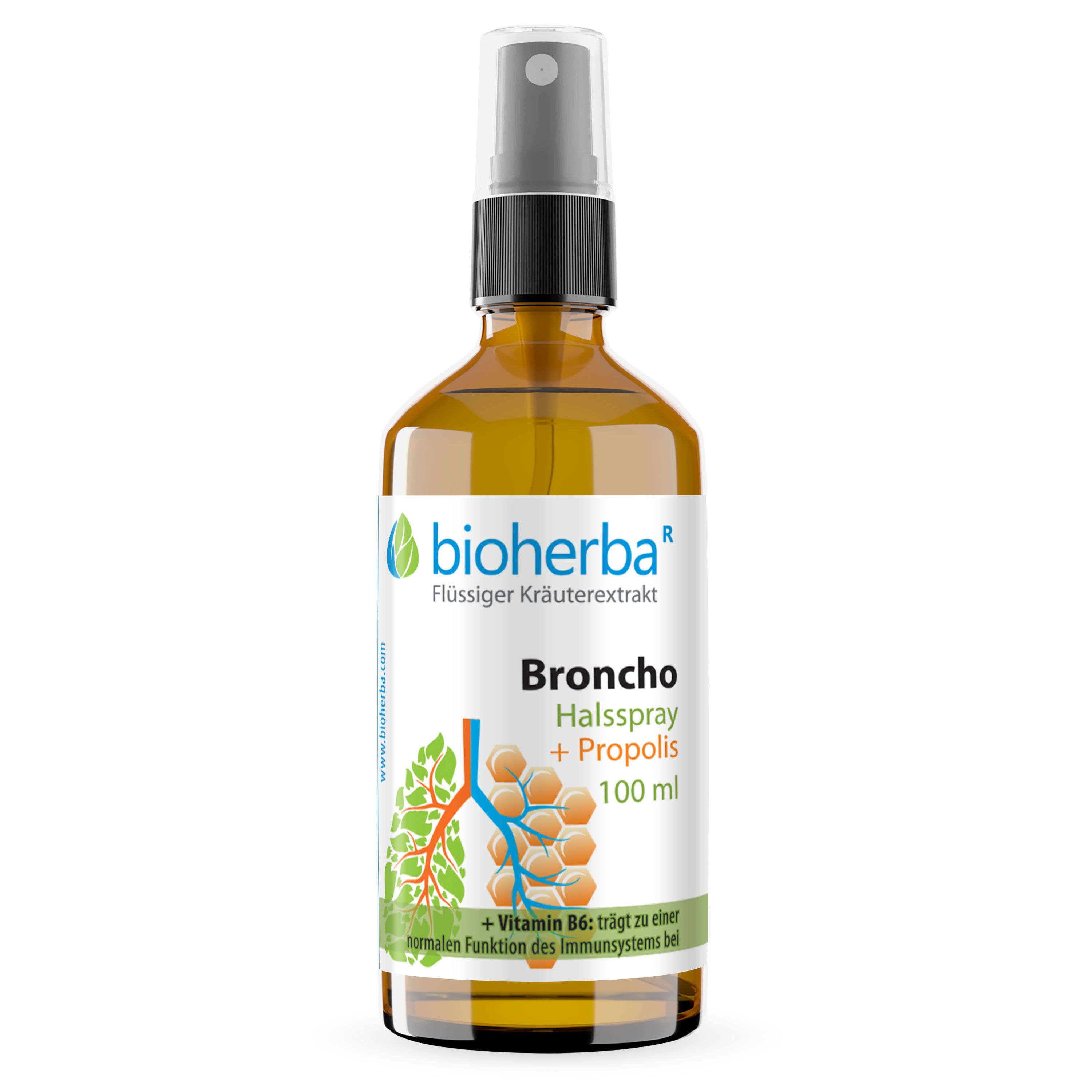 Braune Glasflasche mit Sprühkopf. Etikett mit "Bioherba Broncho Halsspray + Propolis". Grün-weißes Etikett mit Text und Illustration.