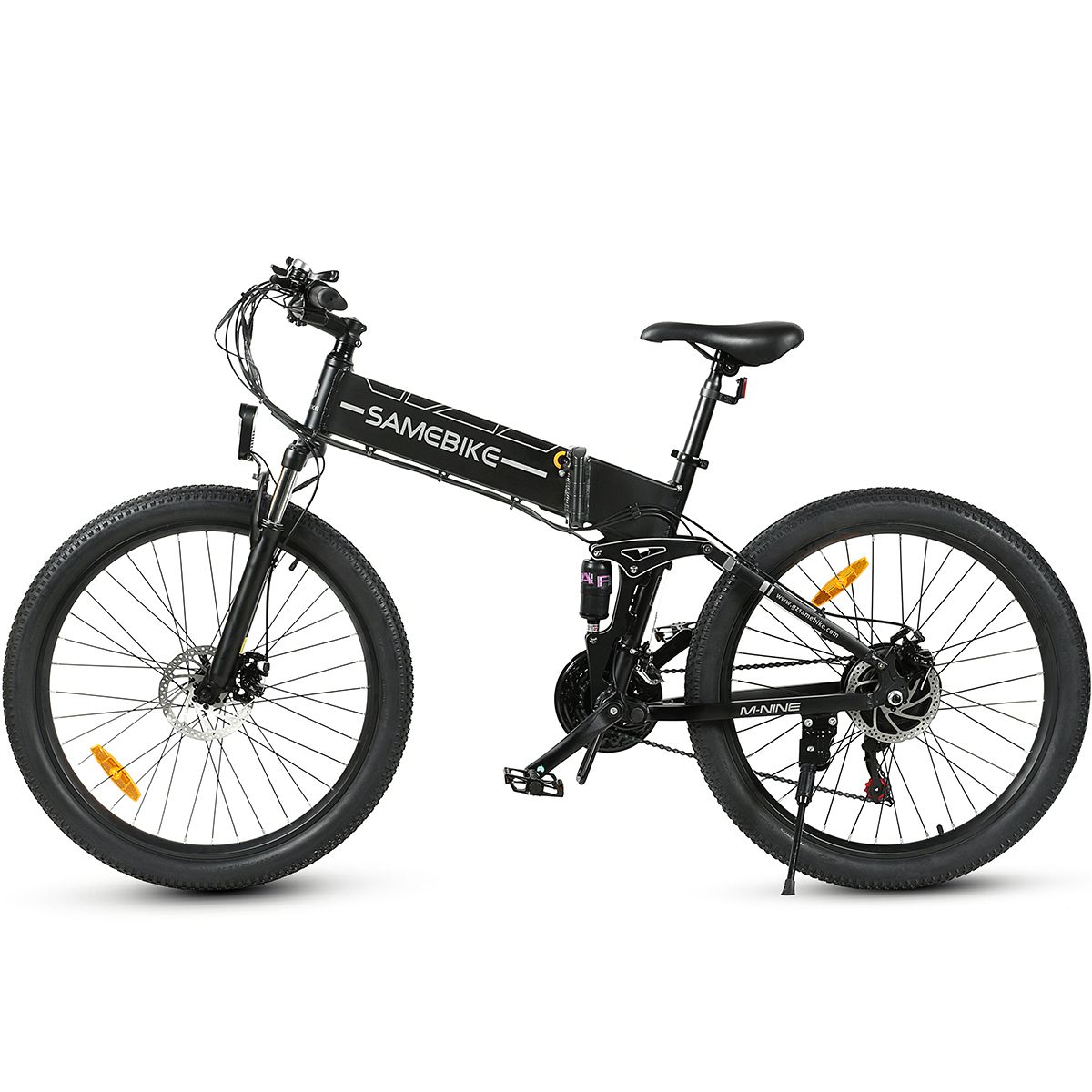 Schwarzes, faltbares E-Bike. SAMEBIKE-Logo auf dem Rahmen. Große Reifen, Scheibenbremsen, Sattel und Lenker.