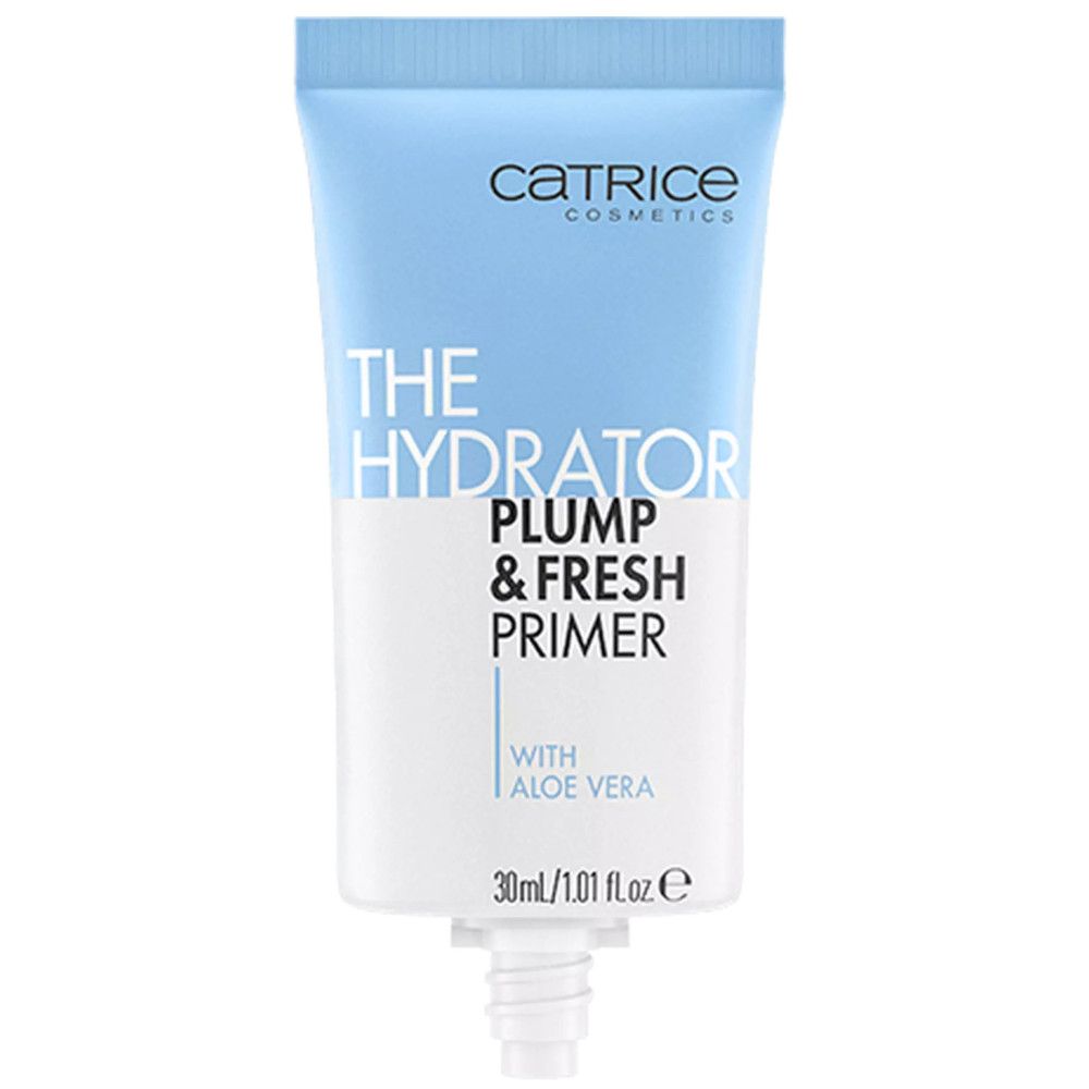 Tube mit Primer. Hellblauer Deckel, weißer Körper, schwarzer Boden. Schriftzug: Catrice, The Hydrator, Plump & Fresh Primer, Aloe Vera.