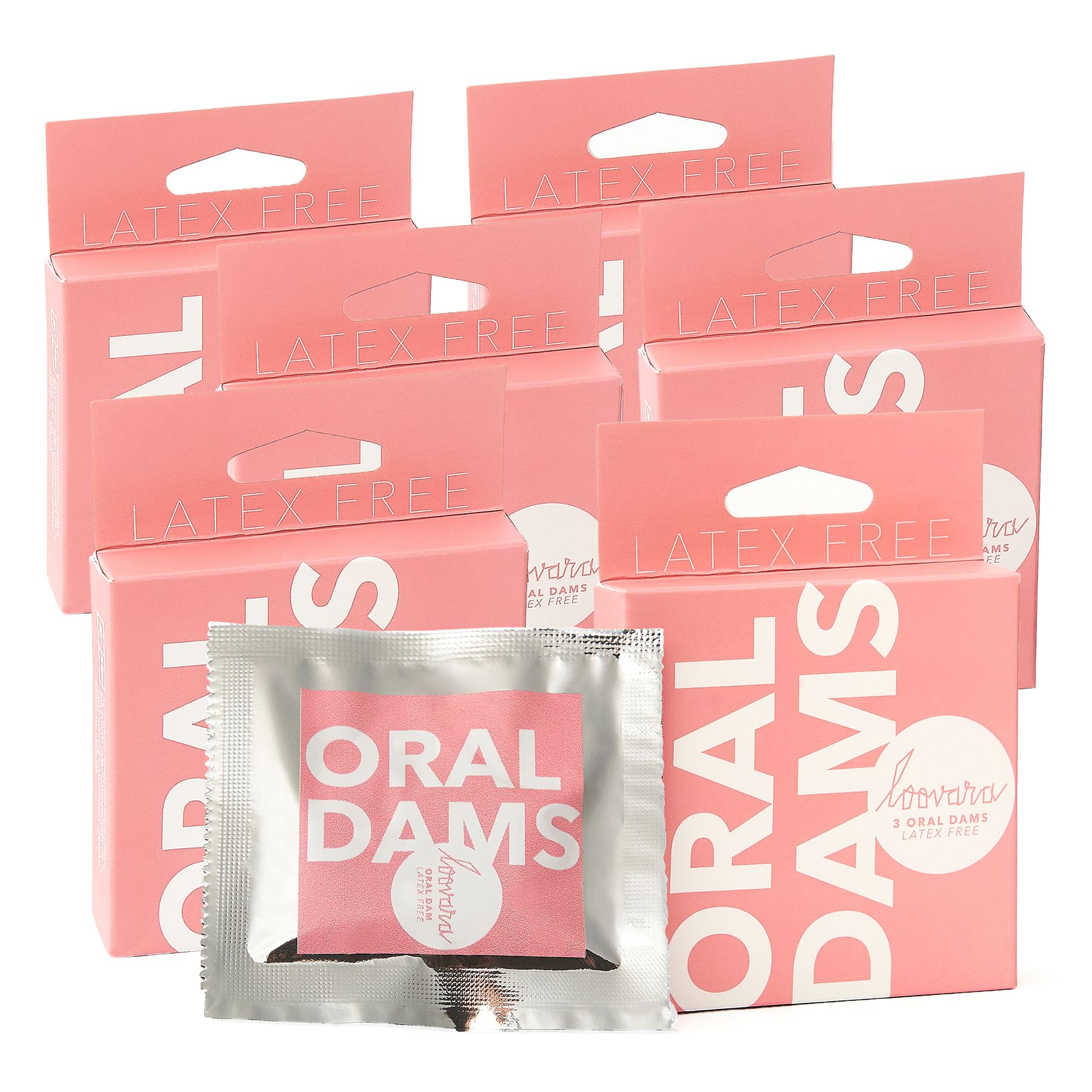 Mehrere rosa Schachteln mit "ORAL DAMS"-Aufdruck und einzeln verpackte Tücher. "LATEX FREE"-Schriftzug.
