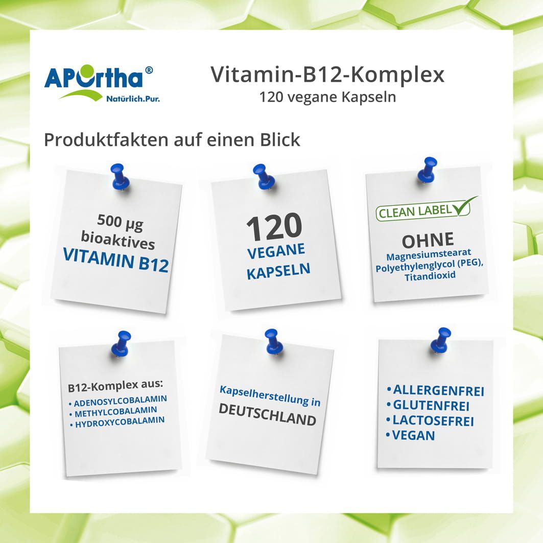 Notizen mit Produktinformationen. 500 µg Vitamin B12, 120 vegane Kapseln. Ohne Magnesiumstearat, Titandioxid, Gluten, Laktose, Vegan.