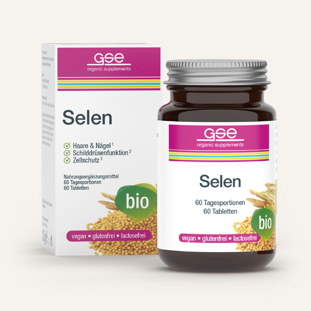 Braune Glasflasche und Schachtel mit "Selen"-Aufdruck. "GSE organic supplements" und "bio" sind sichtbar. 60 Tabletten, vegan, glutenfrei, laktosefrei.
