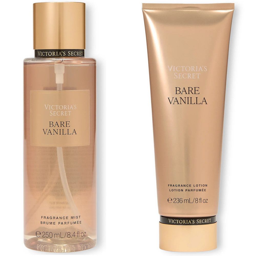 Victoria's Secret Bare Vanilla Körperspray und Lotion-Set. Flasche und Tube in Goldtönen. Text: Bare Vanilla, Fragrance Mist, Lotion.
