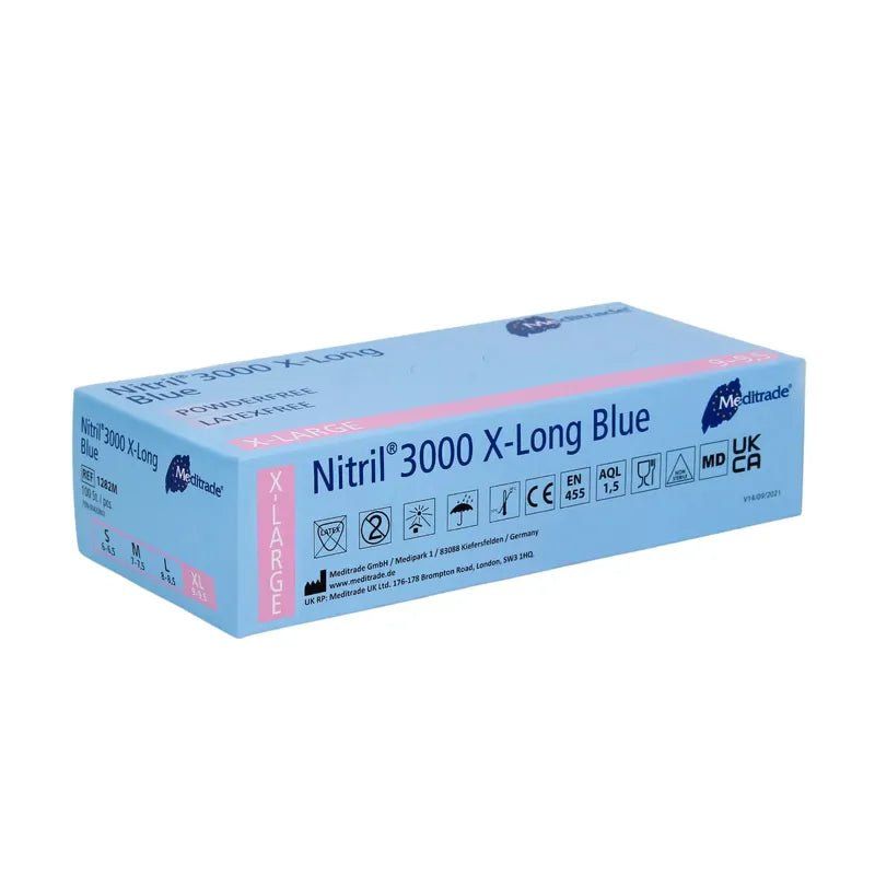 Hellblaue Verpackung mit Produktbezeichnung: Nitril 3000 X-Long Blue. Aufdrucke: X-Large, CE-Kennzeichnung, Meditrade-Logo, UKCA-Kennzeichnung.