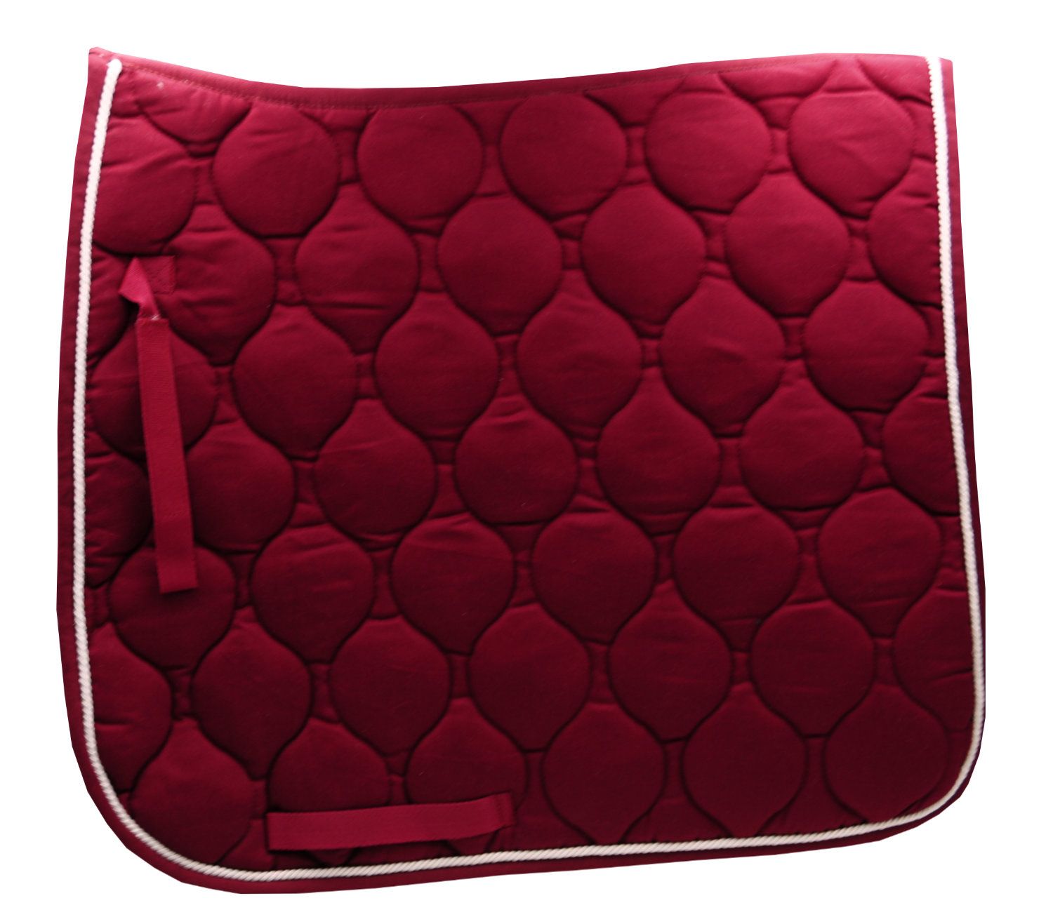 Bordeauxfarbene Dressurschabracke mit weißer Kordel und Steppung. Schlaufen für Sattelgurt und Sattelblatt.