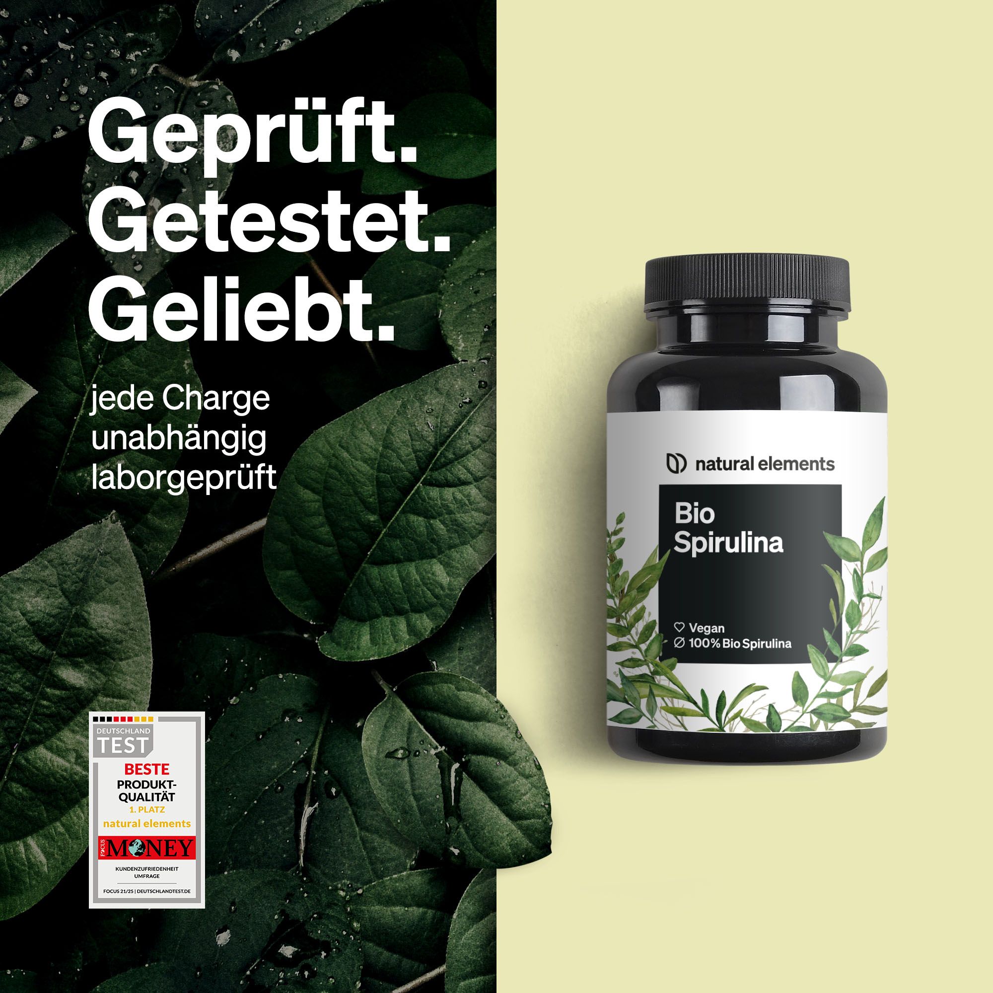 Flasche mit Etikett, Text: Bio Spirulina. Marke: natural elements. Zertifizierung. Text: Geprüft. Getestet. Geliebt.