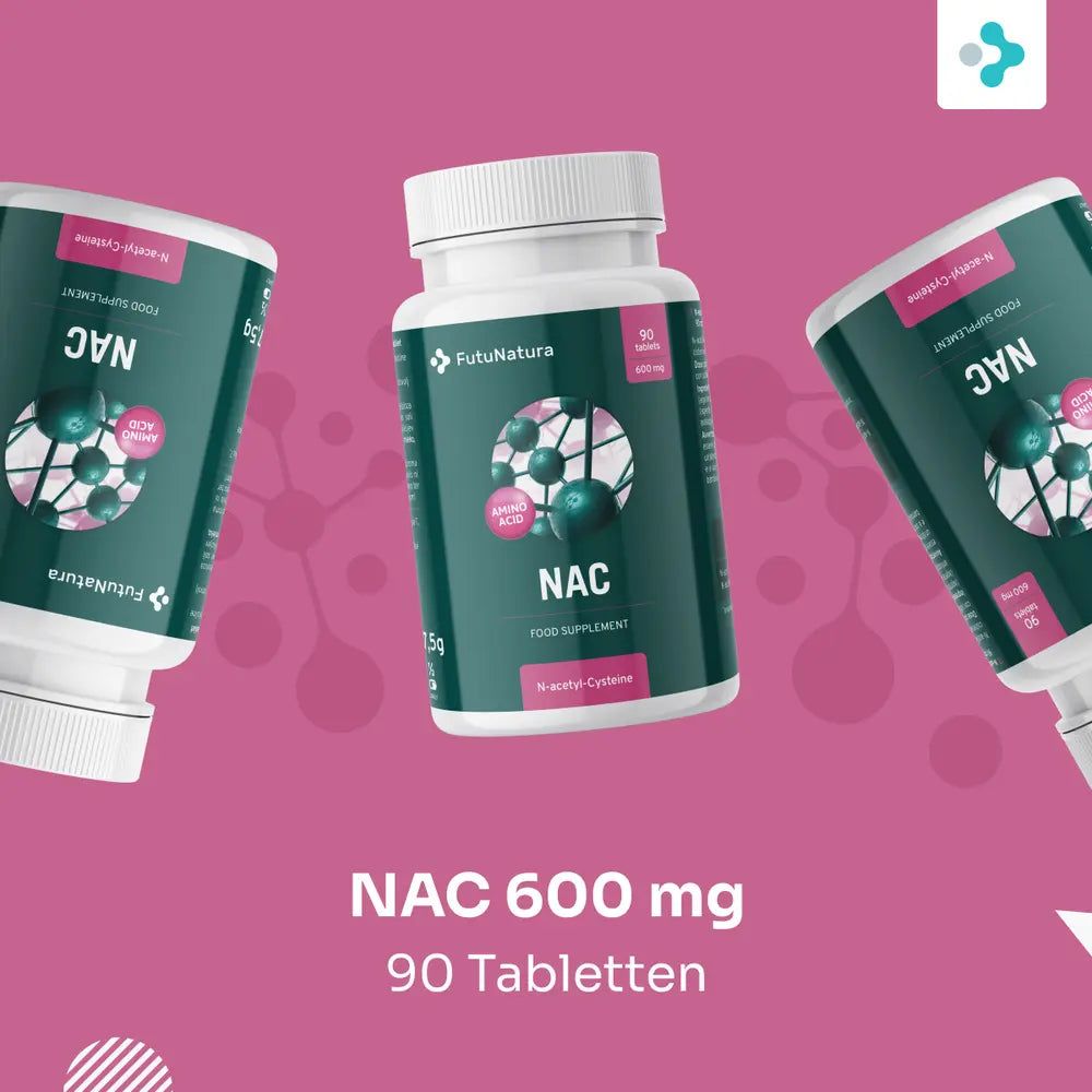 Drei Flaschen NAC 600 mg, 90 Tabletten. Aufschrift: FutuNatura, NAC. Hintergrund: rosa mit Text.