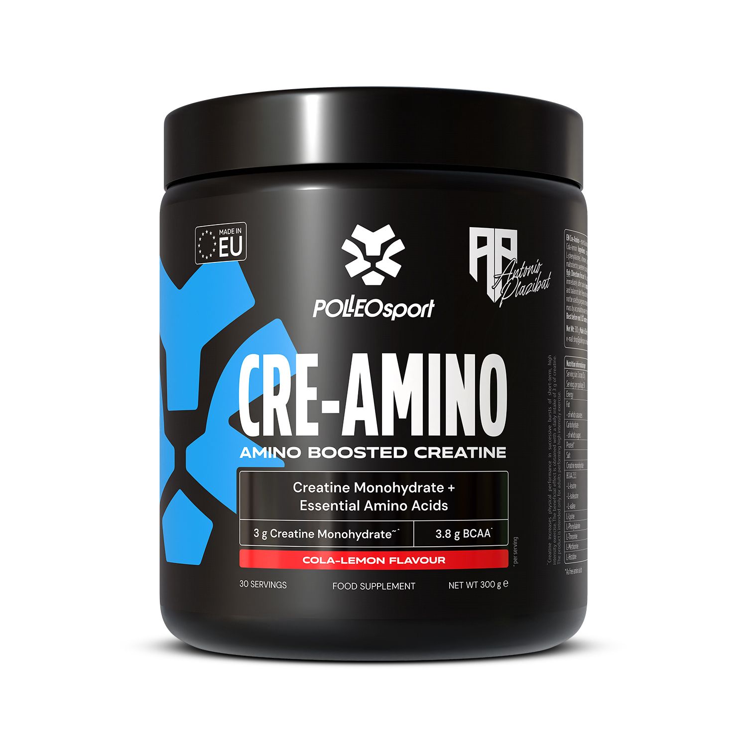 Schwarze Dose mit weißer und blauer Aufschrift. Enthält "CRE-AMINO" und "Amino Boosted Creatine". EU-Zertifizierung.