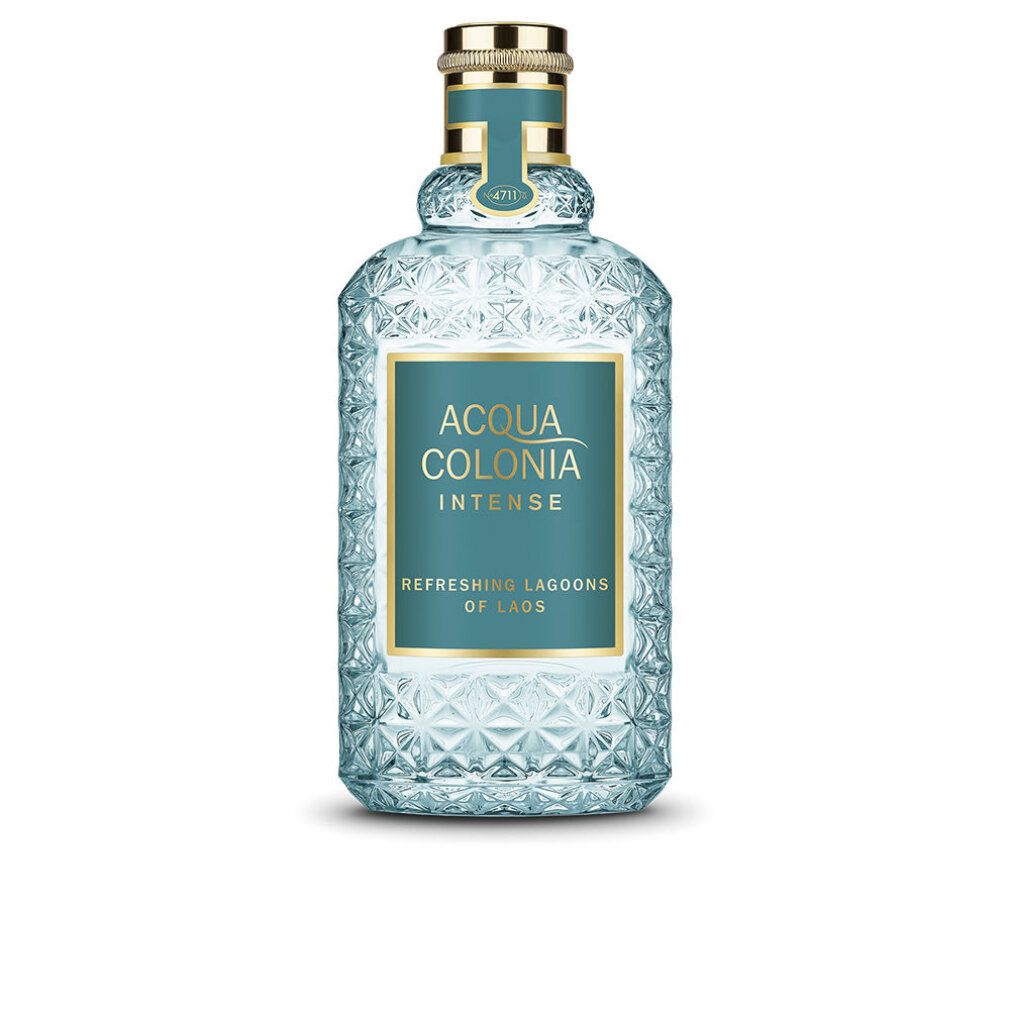 Hellblaues Glasflakon mit goldfarbenem Verschluss. Auf dem Etikett steht 'ACQUA COLONIA INTENSE' und 'REFRESHING LAGOONS OF LAOS'.