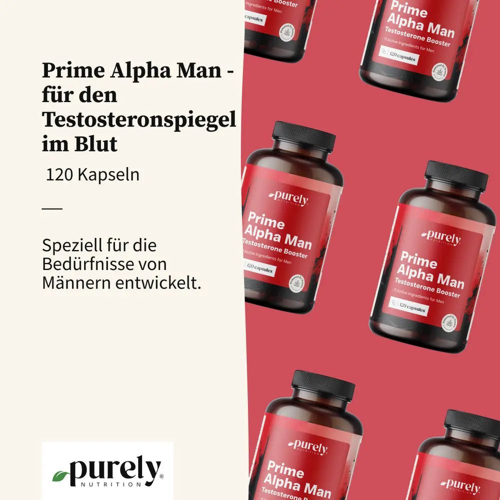 Mehrere Flaschen Prime Alpha Man. Text: Prime Alpha Man - für den Testosteronspiegel im Blut. 120 Kapseln. Für Männer.