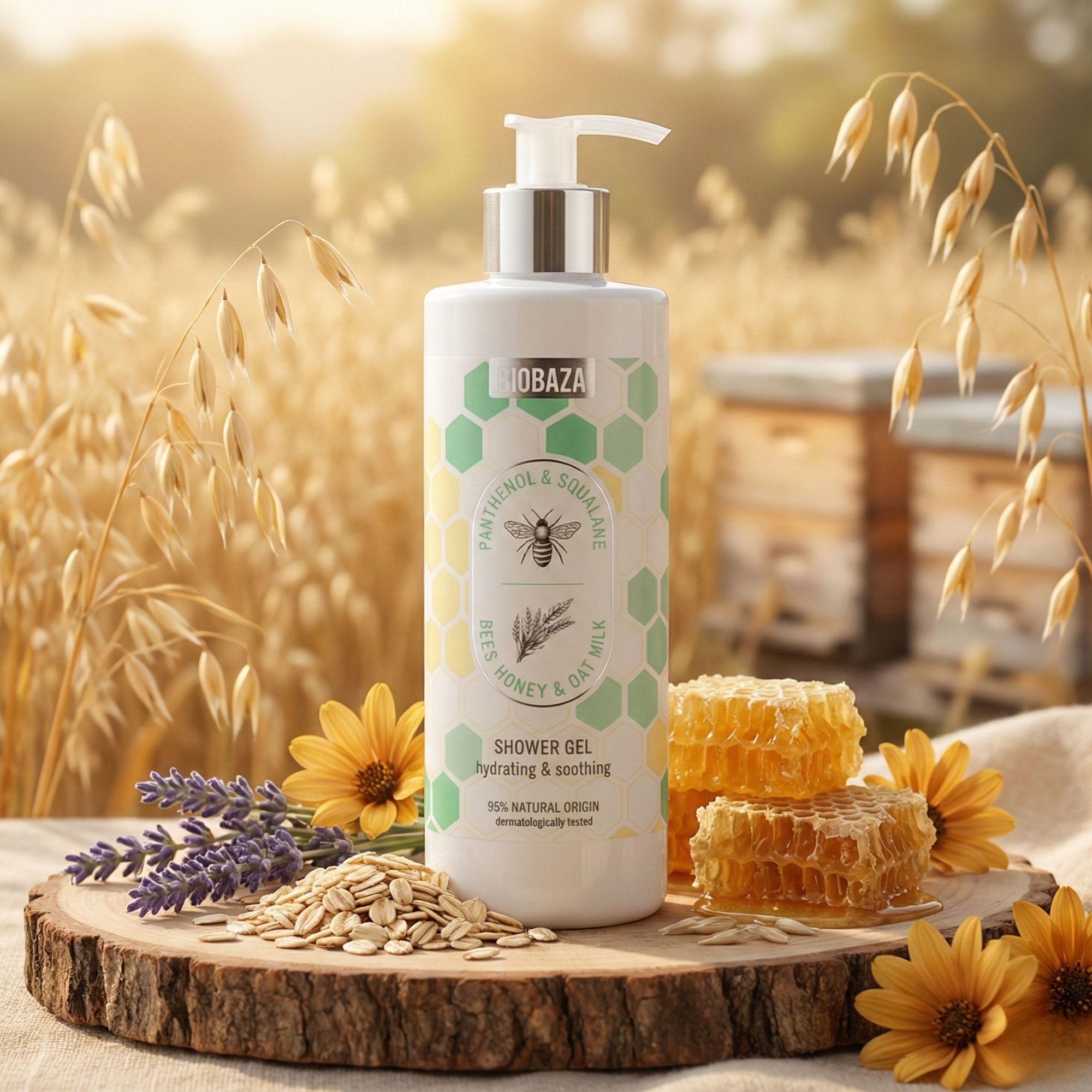 Biobaza 2in1 Duschgel, weiße Flasche mit Pumpe, auf Holzbrett. Honigwaben, Hafer, Blumen, Bienenkörbe im Hintergrund.
