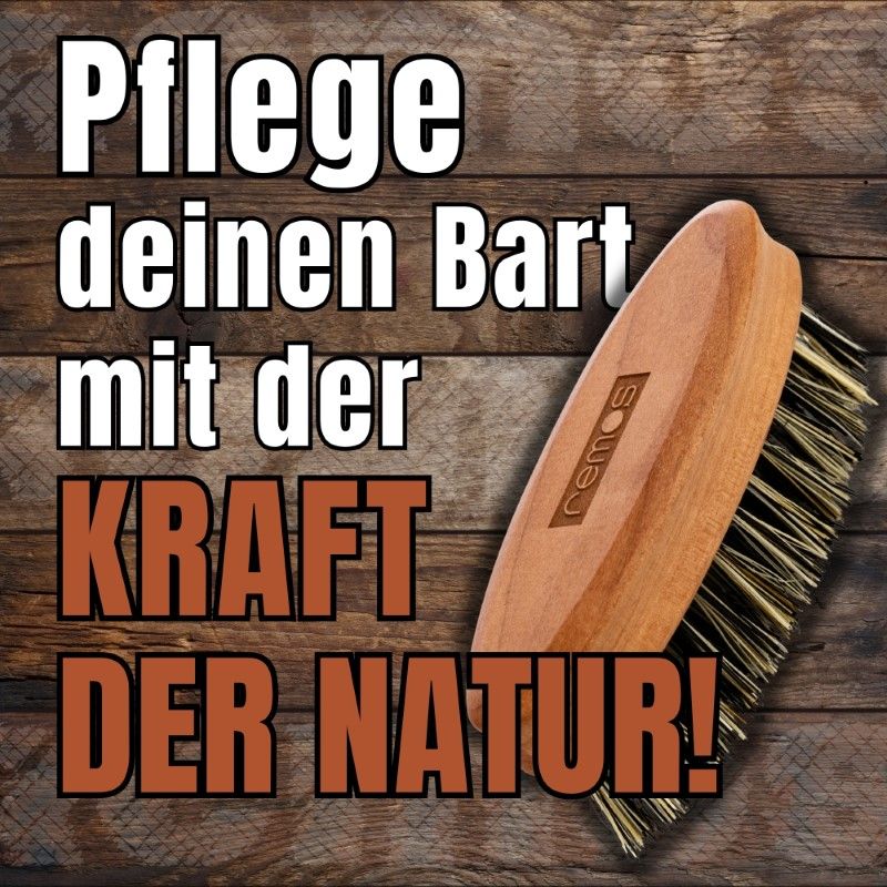 Werbebild mit Bartbürste auf Holz. Text: "Pflege deinen Bart mit der Kraft der Natur!" Der Markenname "remos" ist sichtbar.