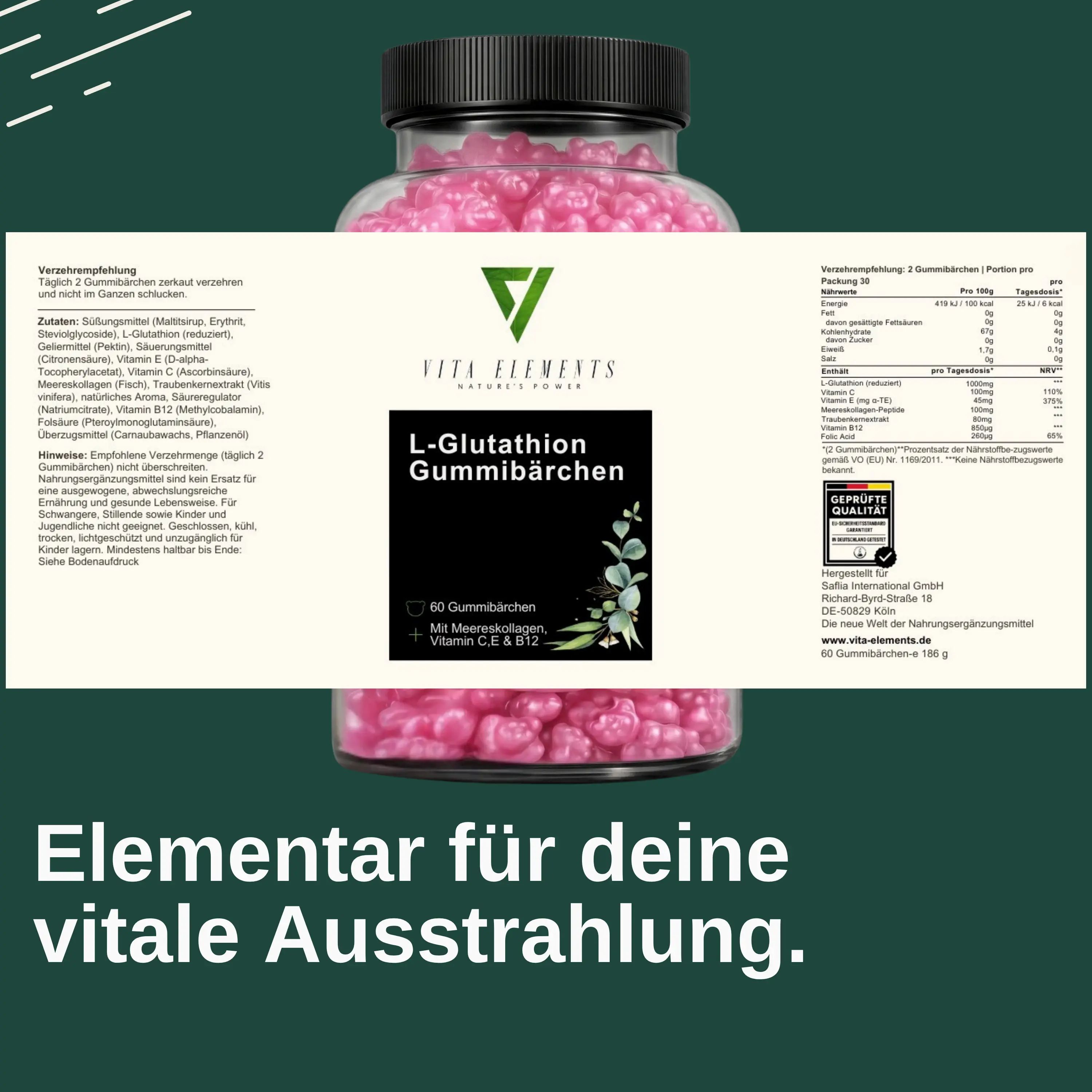 Flasche Vita Elements L-Glutathion Gummibärchen mit detaillierter Nährwertangabe und Siegeln.