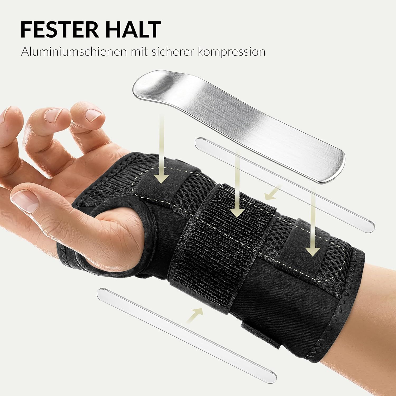 Handgelenkbandage mit Aluminiumschienen und Klettverschluss zur Stabilisierung.