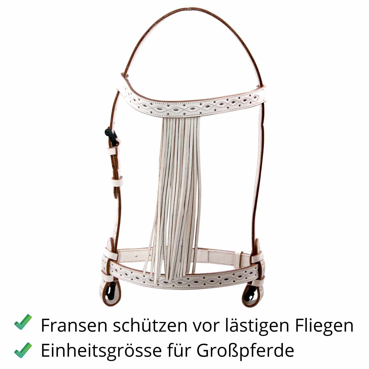 Weiße Trense mit Fransen. Schützt vor Fliegen. Einheitsgröße für Großpferde. Detailansicht der Ziernähte.