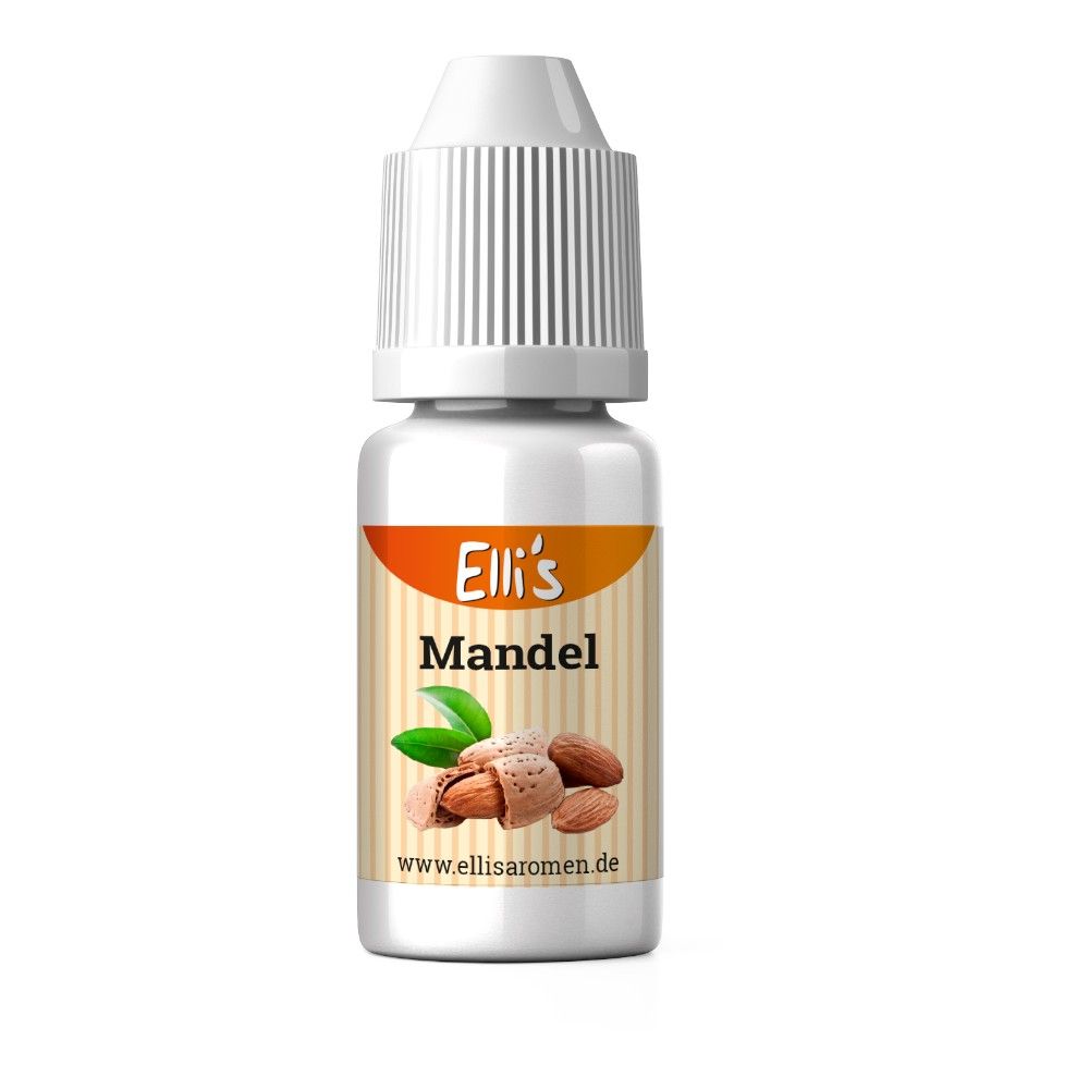 Fläschchen mit weißem Deckel. Etikett mit "Elli's Mandel", Mandeln und Blättern. Website-Adresse.