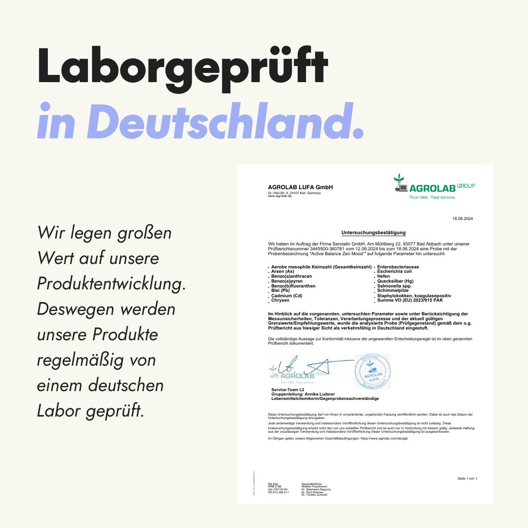 Laborgeprüft in Deutschland. Dokument mit Unterschriften. Text: Wir legen großen Wert auf unsere Produktentwicklung. Regelmäßige Prüfung.