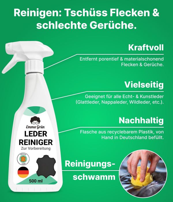 Lederreiniger-Flasche mit Sprühkopf. Text: Reinigen: Tschüss Flecken & schlechte Gerüche. Mit Logo und 500 ml.