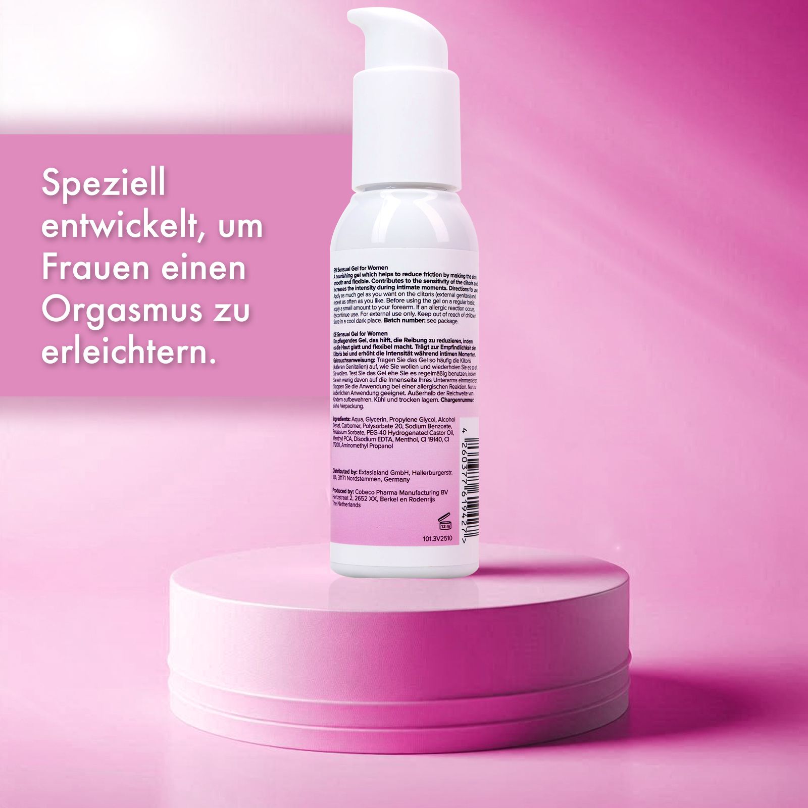 Rückseite einer Flasche INTIMATE sensibilisierendes Gel mit Inhaltsangaben.