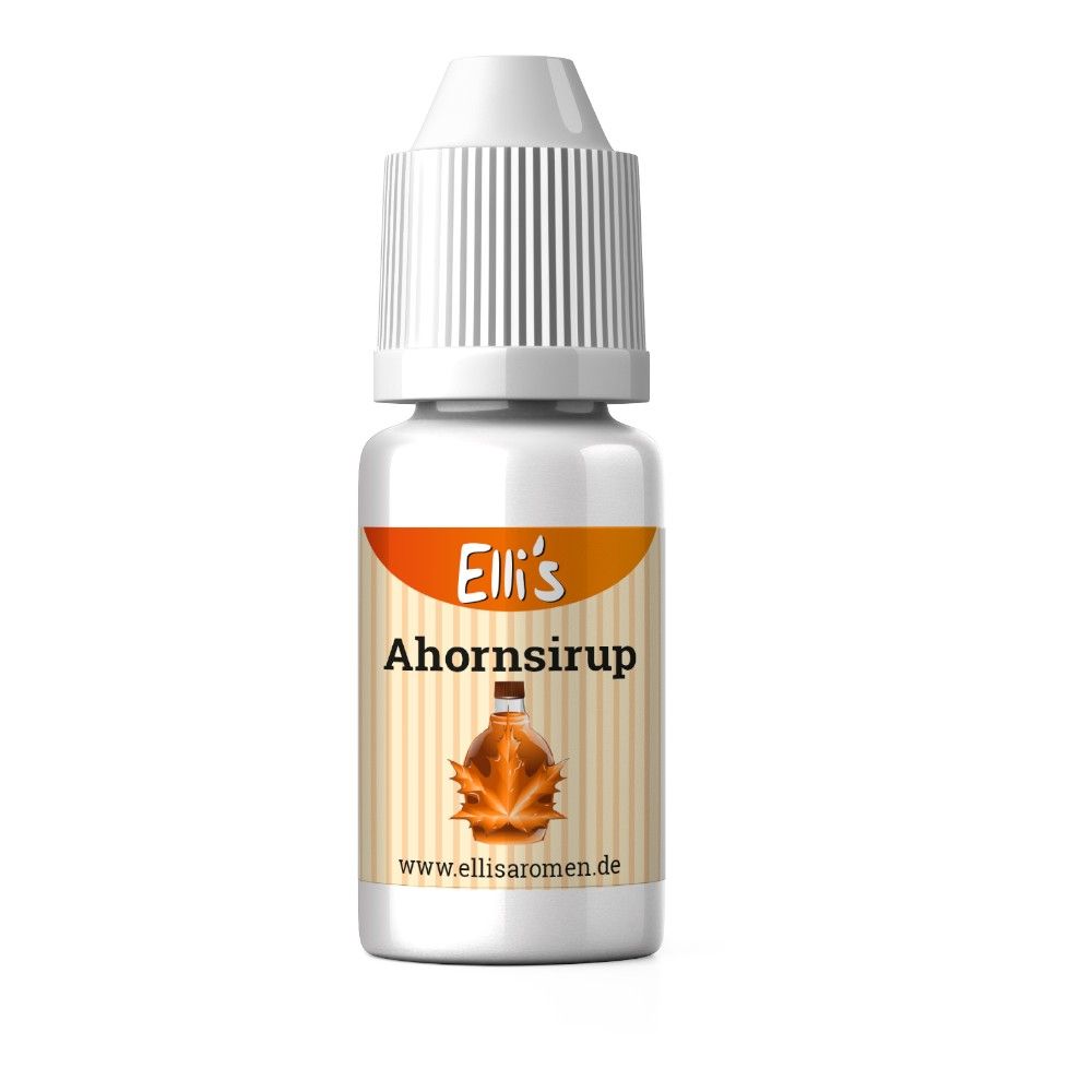 Weiße Flasche mit Schraubverschluss. Etikett mit Produktname und Ahornsirup-Abbildung. Marke: Elli's.