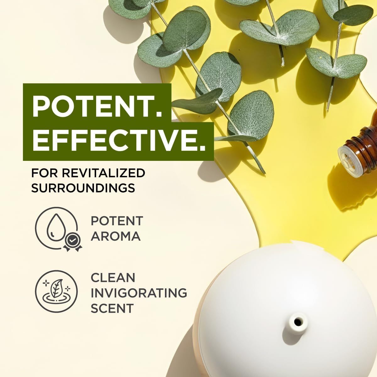 Weißer Diffusor mit einem Loch. Braune Flasche mit ätherischem Öl. Text: Potent. Effektiv. Für revitalisierte Umgebungen.