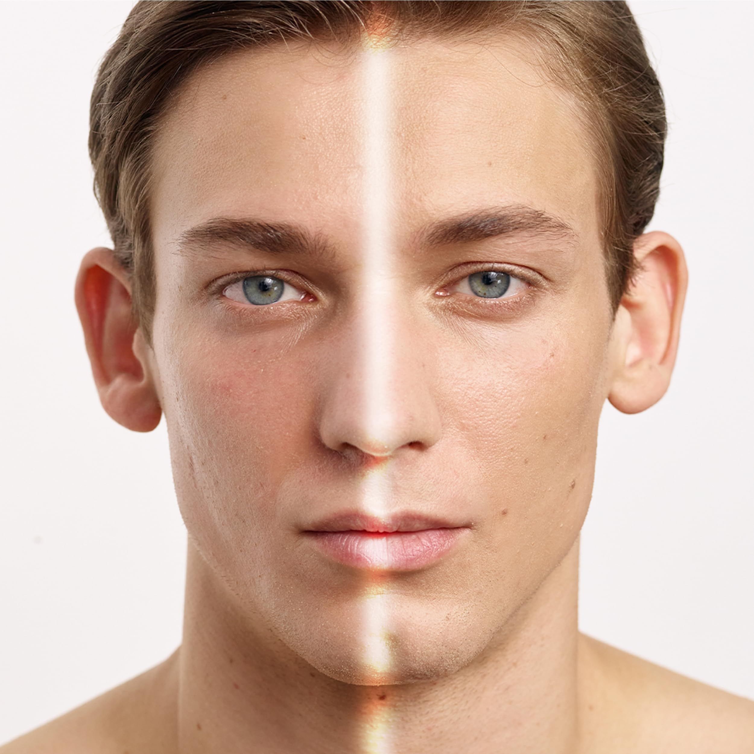 Gesicht eines Mannes, geteilt durch einen Lichtstrahl. Eine Seite sonnengebräunt, die andere hell.