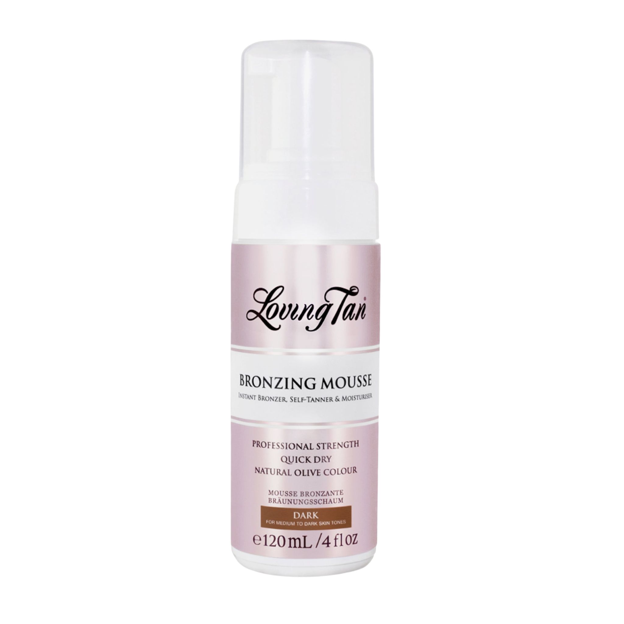 Weiß-rosa Flasche mit Aufschrift Loving Tan Bronzing Mousse. Enthält 120 ml. Dunkle Farbe.