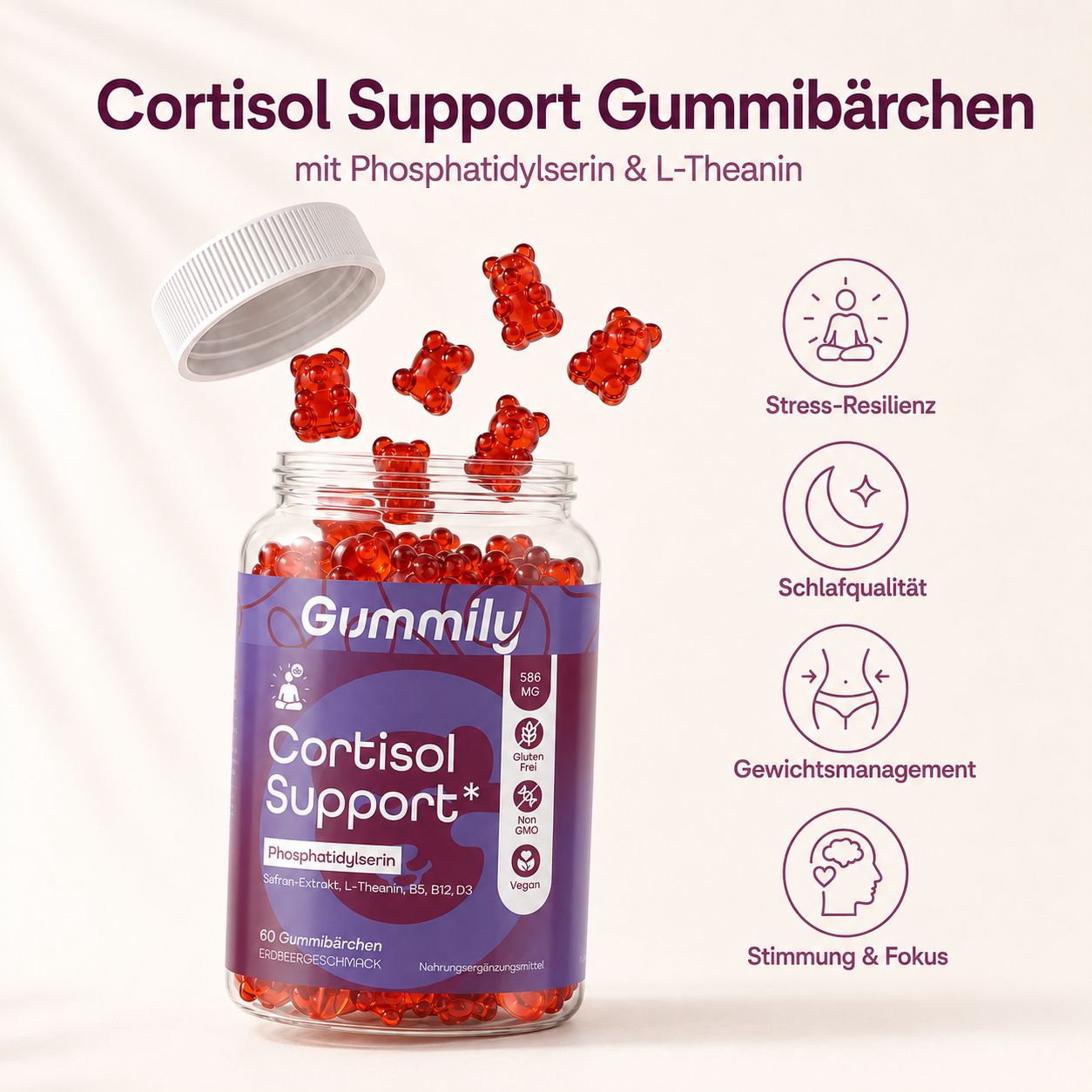 Gummily Cortisol Support Flasche mit herausfallenden Gummibärchen und Icons für Vorteile.