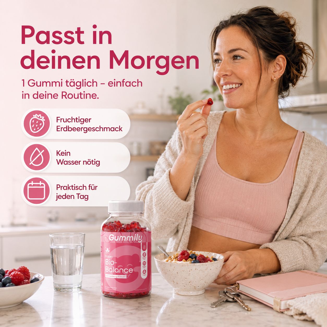 Frau isst Gummily Gummibärchen zum Frühstück, "Passt in deinen Morgen".