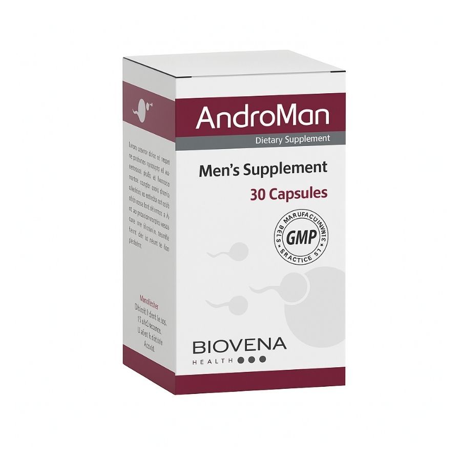 AndroMan-Verpackung. Weißer Karton mit roter Schrift. Enthält 30 Kapseln. GMP-Zertifizierung. Biovena Health Logo.