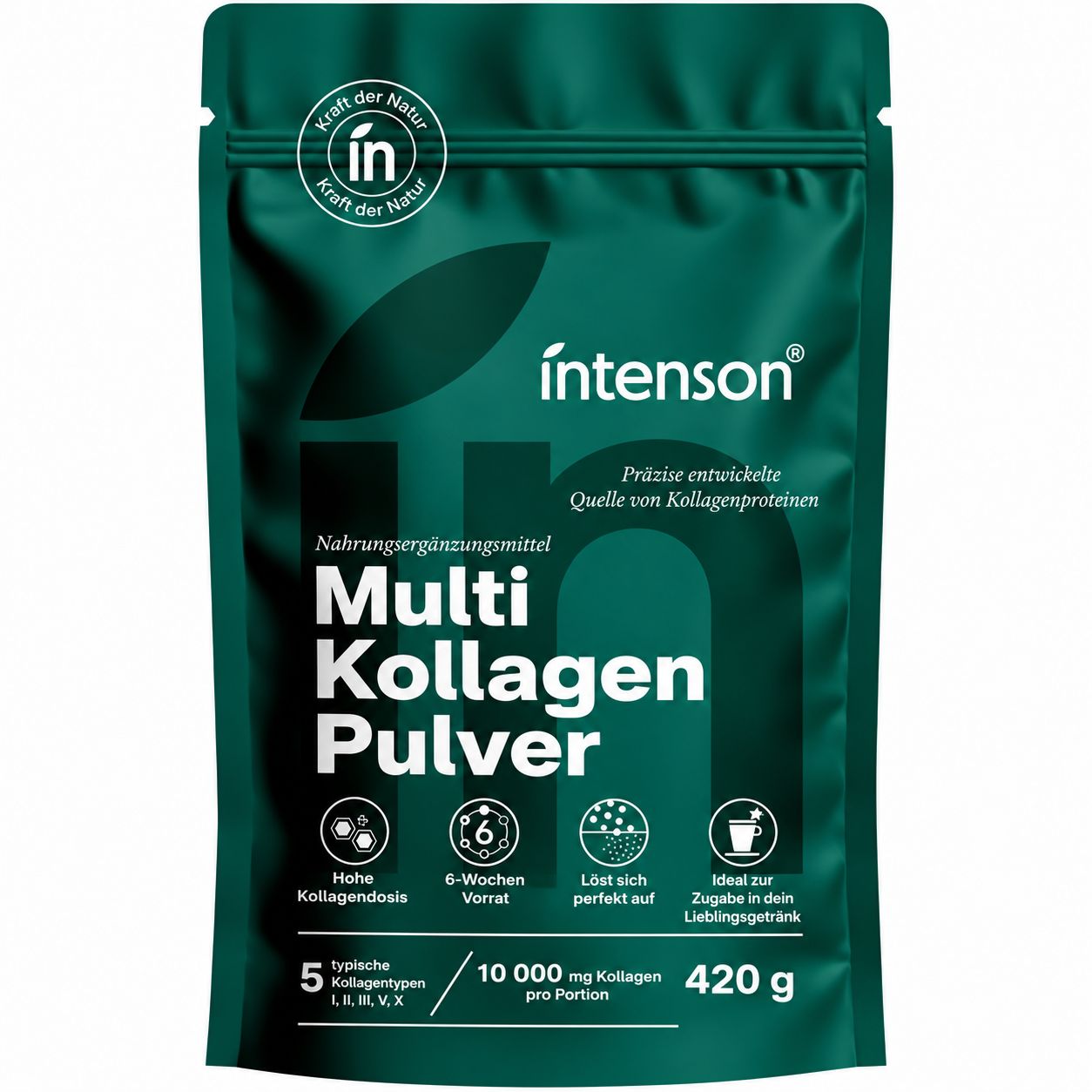 Ein Beutel 'Intenson Multi Kollagen Pulver' mit Informationen zu Inhaltsstoffen und Menge.