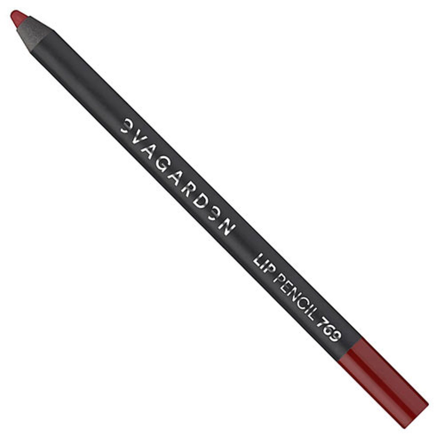 Lippenstiftstift, dunkelrot. Schwarzer Stift mit weißer Schrift: EVAGARDEN LIP PENCIL 769. Spitze in Rotbraun.
