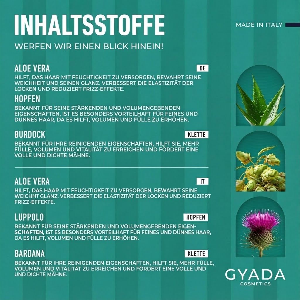 Inhaltsstoffe mit Abbildungen von Aloe Vera, Hopfen und Klette.