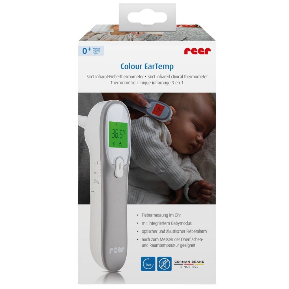 Verpackung des Ohrthermometers. Produktname: Colour EarTemp. Text und Abbildung eines Babys.