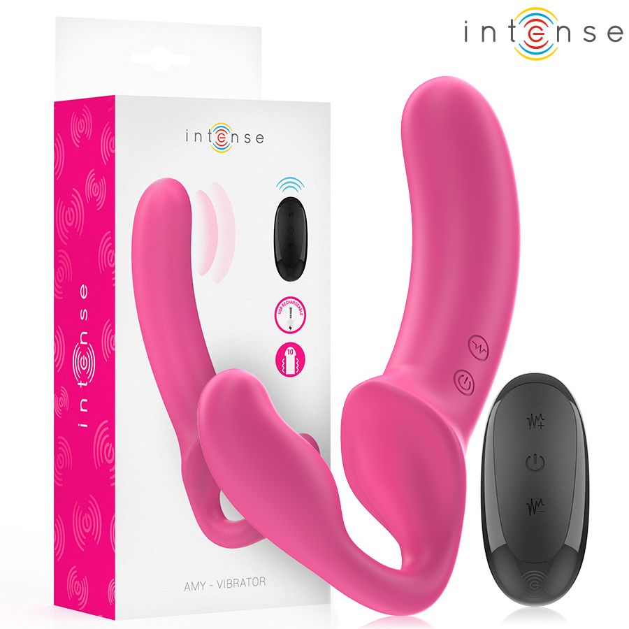 Pinker Vibrator mit geschwungener Form und Fernbedienung. Verpackung mit Markennamen und Symbolen.