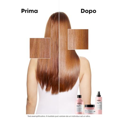 Vorher-Nachher-Vergleich von gefärbtem Haar, das mit L'Oréal Professionnel Vitamino Color Produkten behandelt wurde.