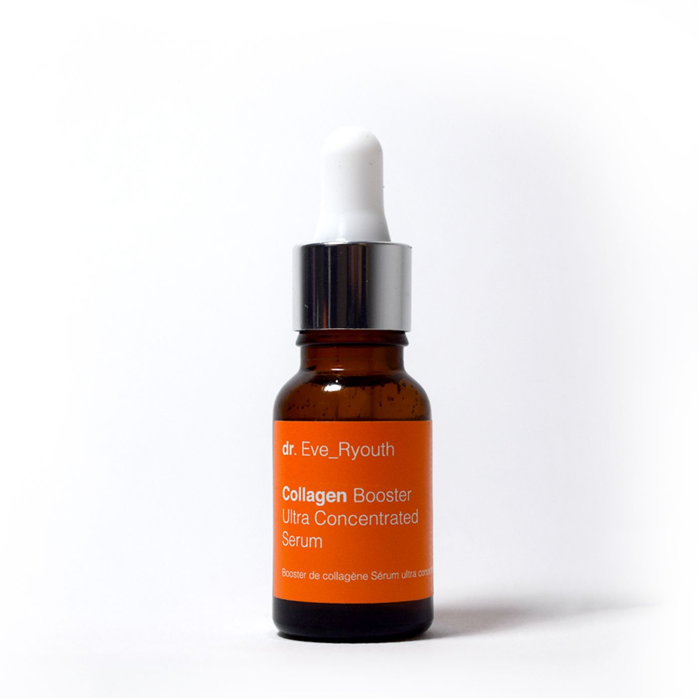 Dr. Eve_Ryouth Kollagenbooster Serum in brauner Glasflasche mit Pipette. Frontale Ansicht.