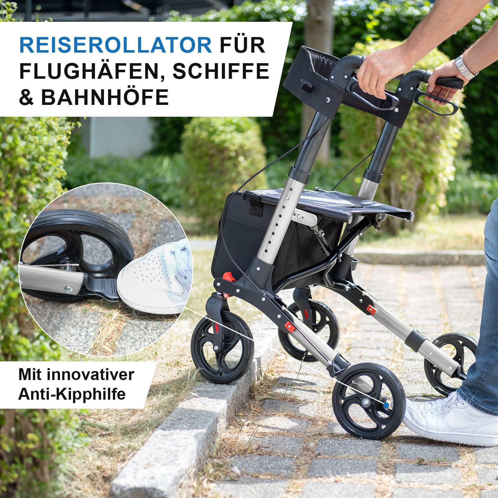 Rollator mit schwarzem Sitz, Tasche und Rädern. Marke: Lösch. Anti-Kipphilfe.