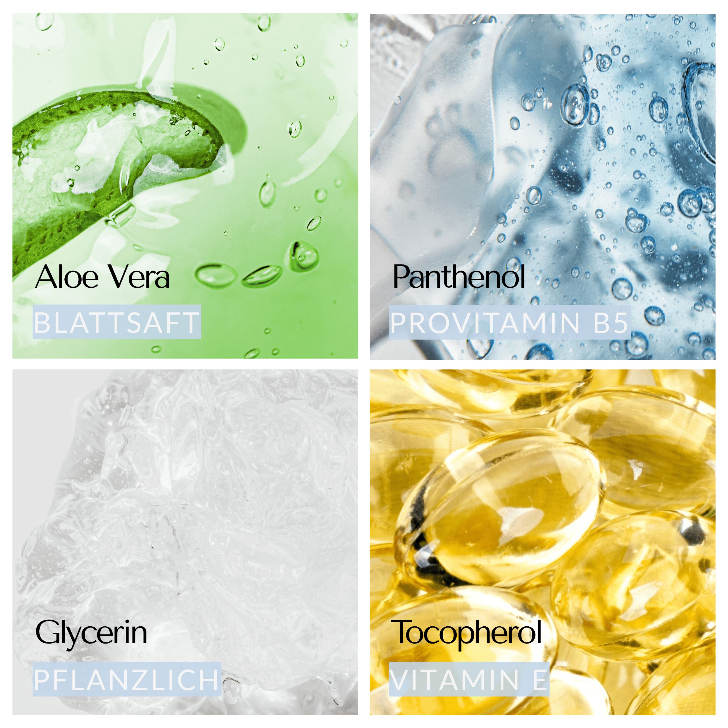 Vier Produktbestandteile: Aloe Vera, Panthenol, Glycerin, Tocopherol. Beschreibungen in deutscher Sprache.