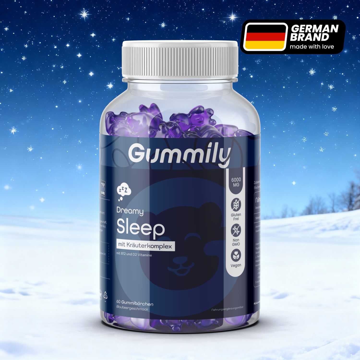 Gummily® Schlaf-Gummibärchen in einer transparenten Flasche. Enthält lila Gummibärchen. Aufschrift: Dreamy Sleep, 6000 mg, glutenfrei, GMO-frei, vegan.