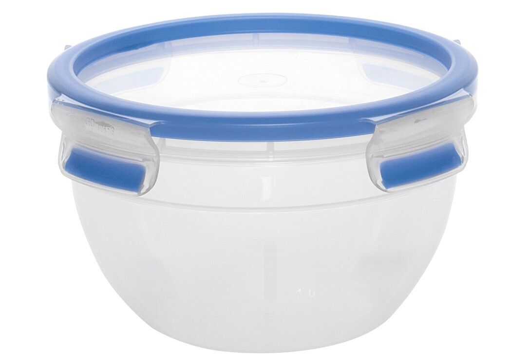 Runde Frischhaltedose, transparent mit blauem Deckel und Verschlüssen. Deckel mit blauem Dichtungsring.