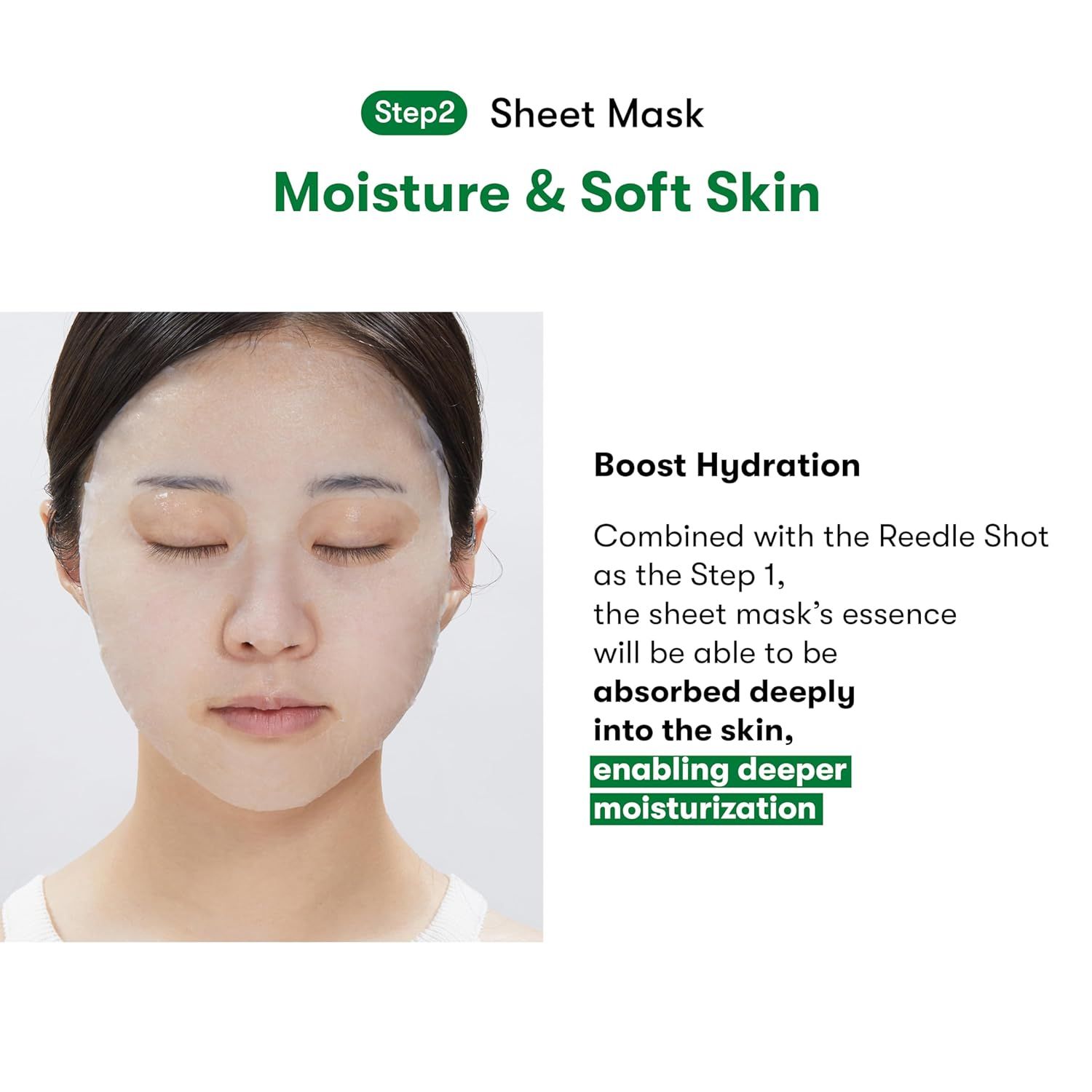 Frau mit Sheet Mask. Text: Step 2 Sheet Mask. Boost Hydration. Beschreibung der Inhaltsstoffe.