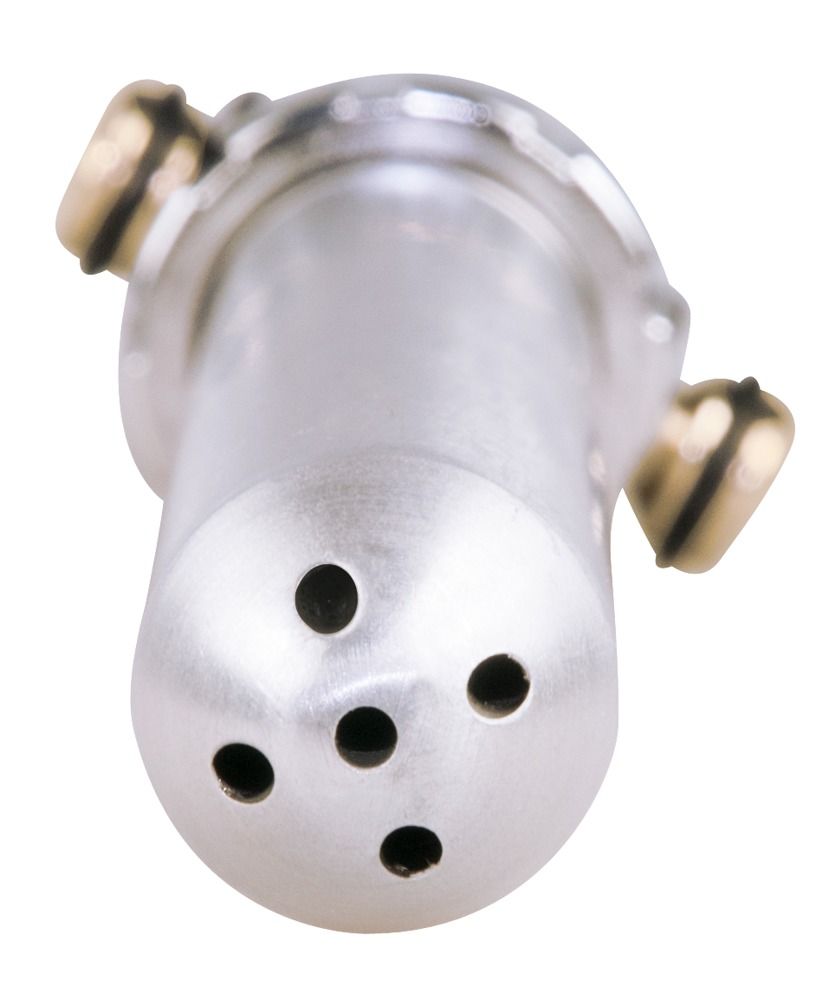 Intimdusche aus Aluminium. Zylindrischer Körper mit mehreren Düsen. Chromfarbener Anschluss mit Messingelementen.