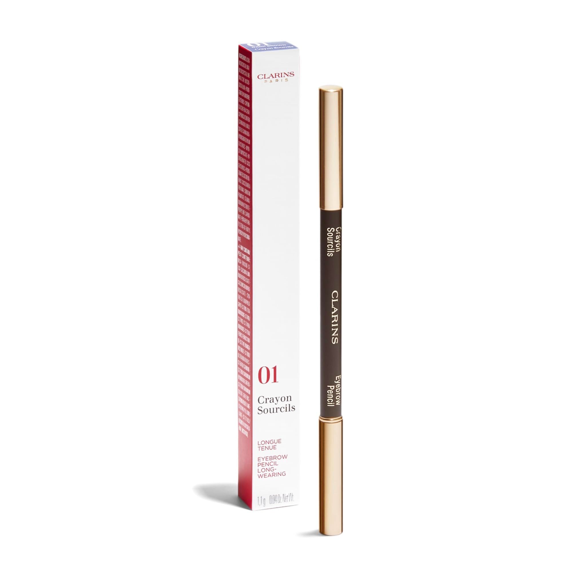 Augenbrauenstift und Verpackung. Stift mit goldfarbenen Kappen. Verpackung weiß/rot.