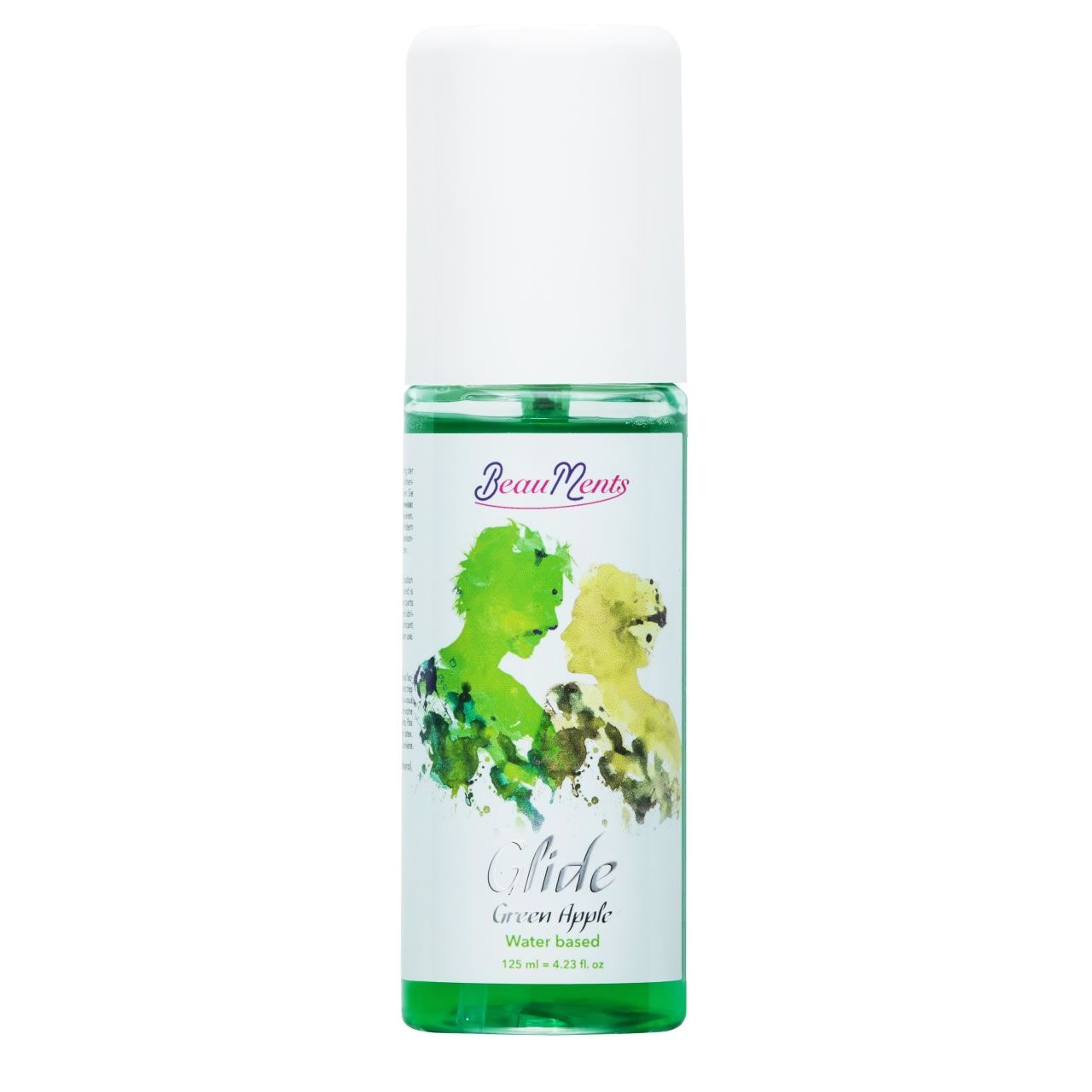 Zylindrische Flasche mit grünem Inhalt und weißem Deckel. Aufschrift: BeauMents, Glide, Green Apple, Water based. Abbildung von zwei Personen.