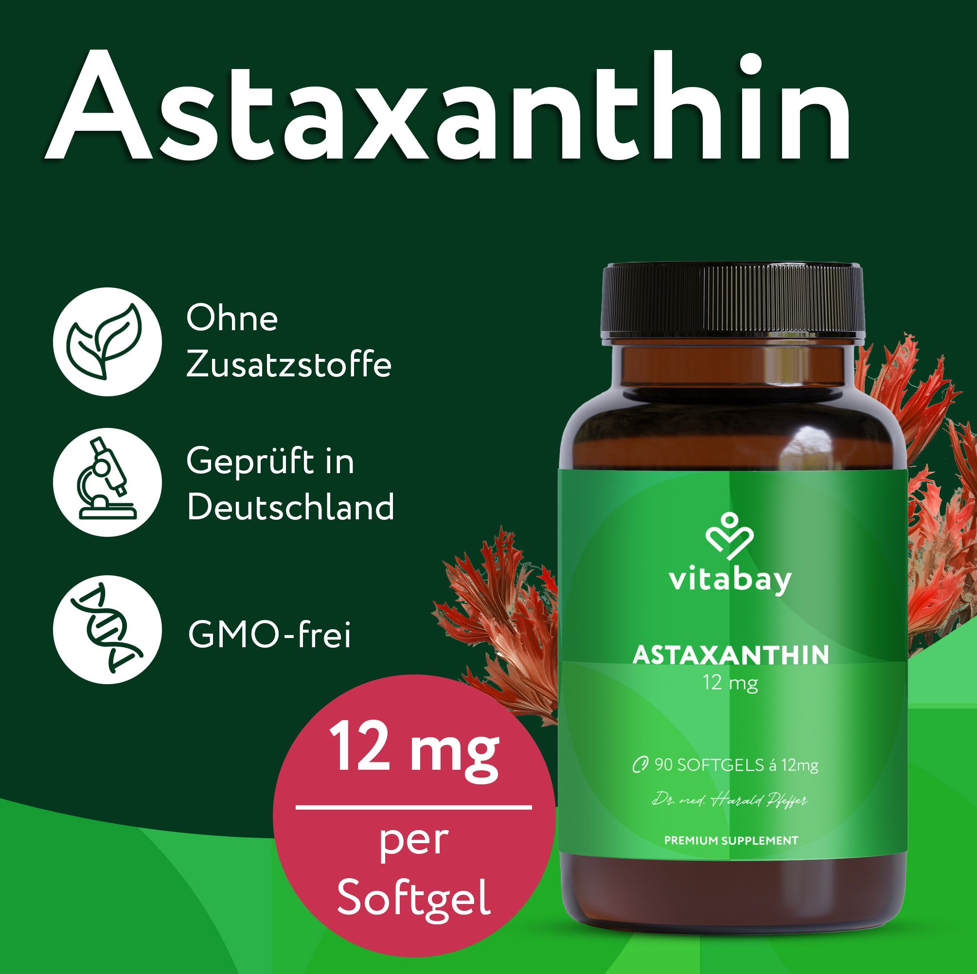 Flasche mit Aufschrift: Astaxanthin 12 mg, 90 Softgels. Text: Ohne Zusatzstoffe, GMO-frei. Marke: Vitabay.
