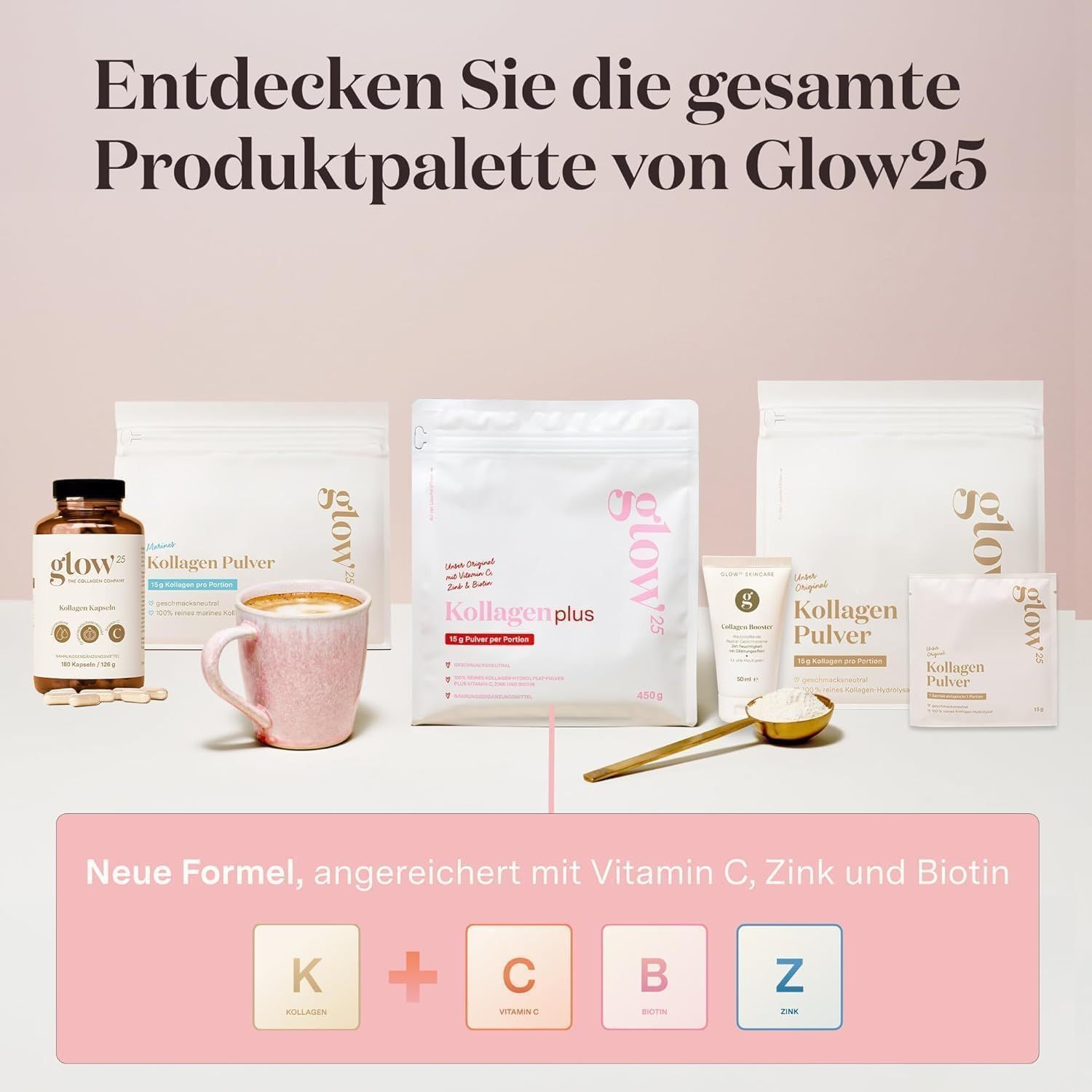 Produktpalette von Glow25. Verschiedene Produkte.