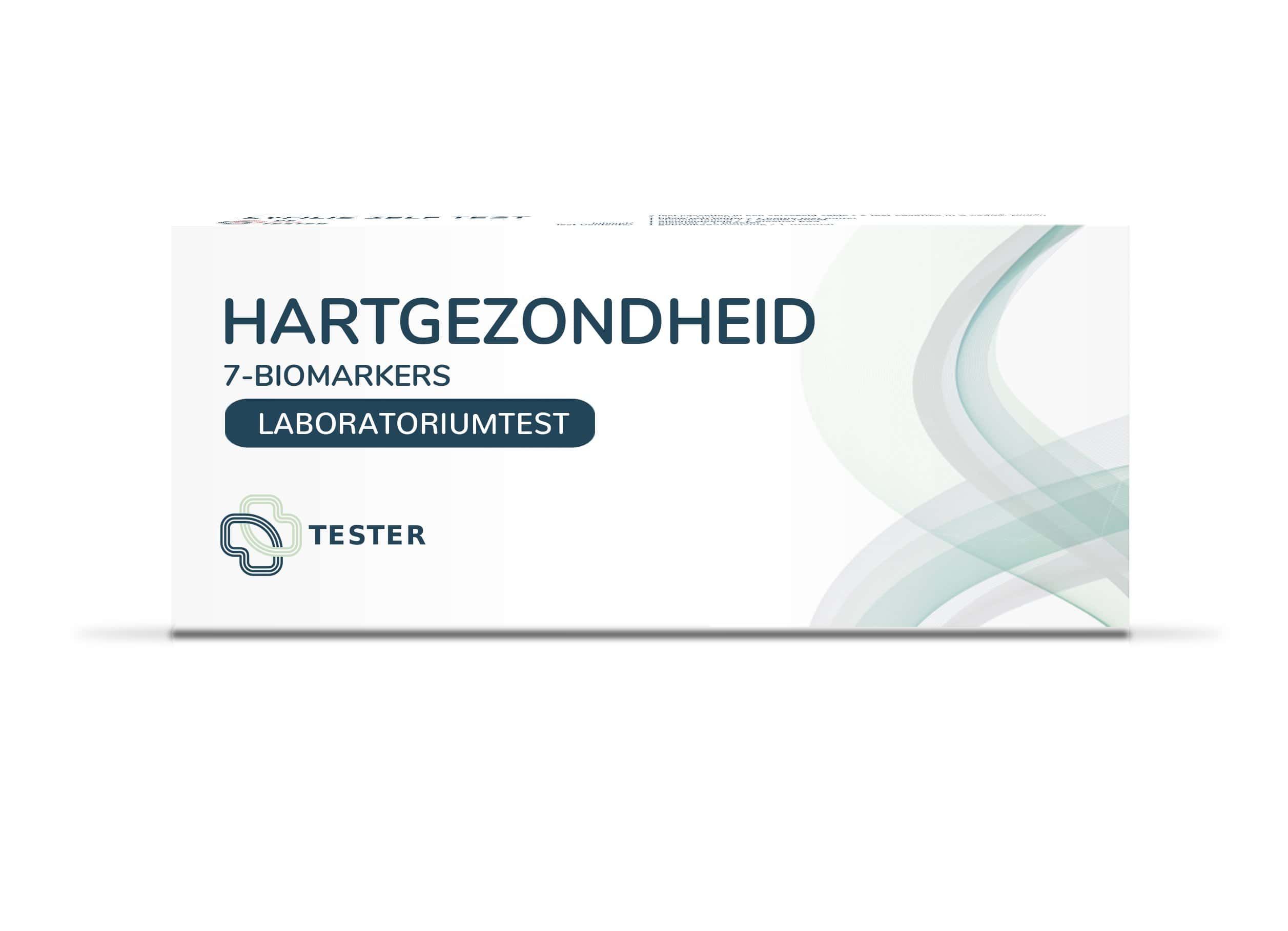Herzgesundheit 7-Biomarker Labortest von Tester. Kartonverpackung mit Logo und Wellenmuster.