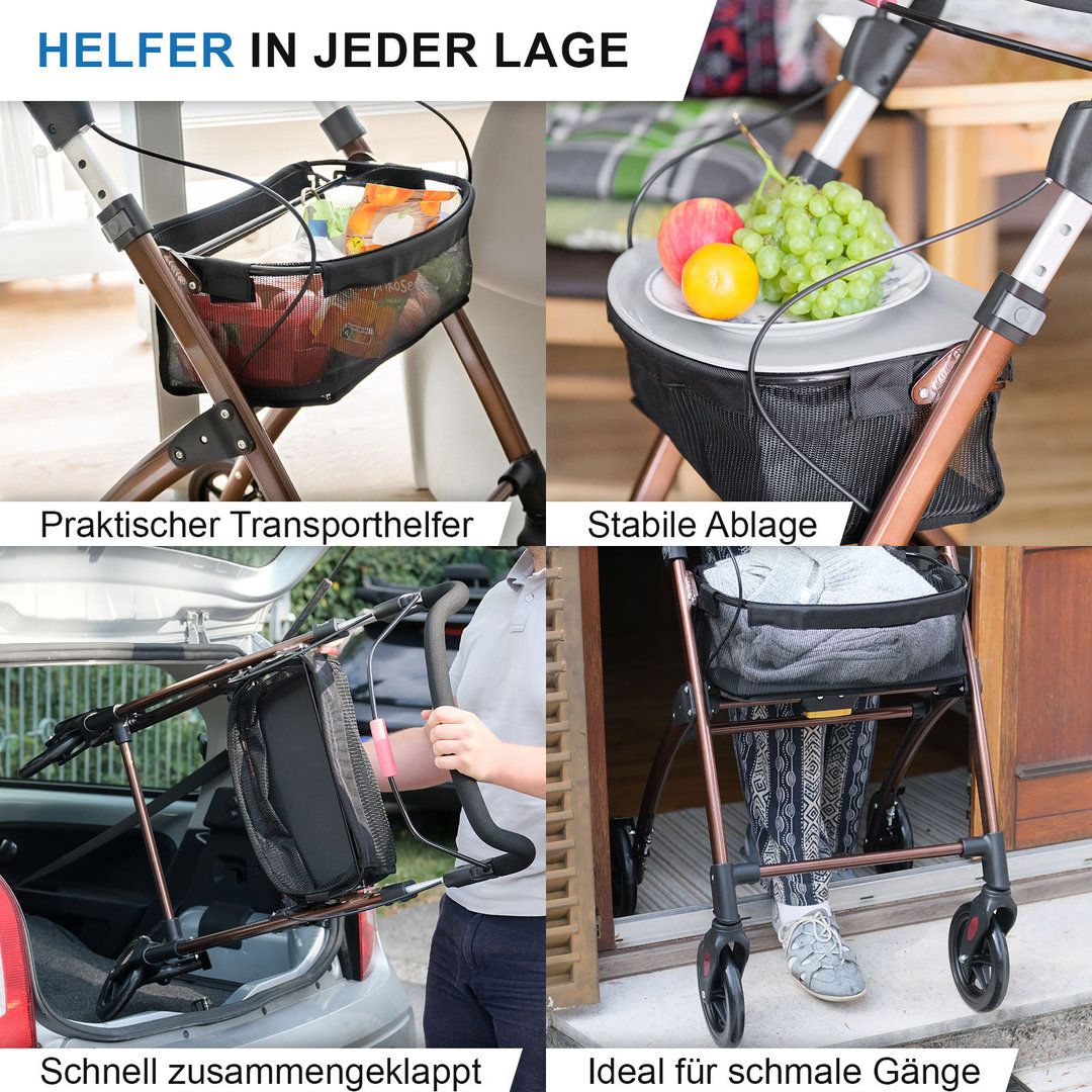 Rollator, braun, mit Korb und Griffen. In verschiedenen Anwendungsszenarien: Transport, Ablage, enge Gänge.